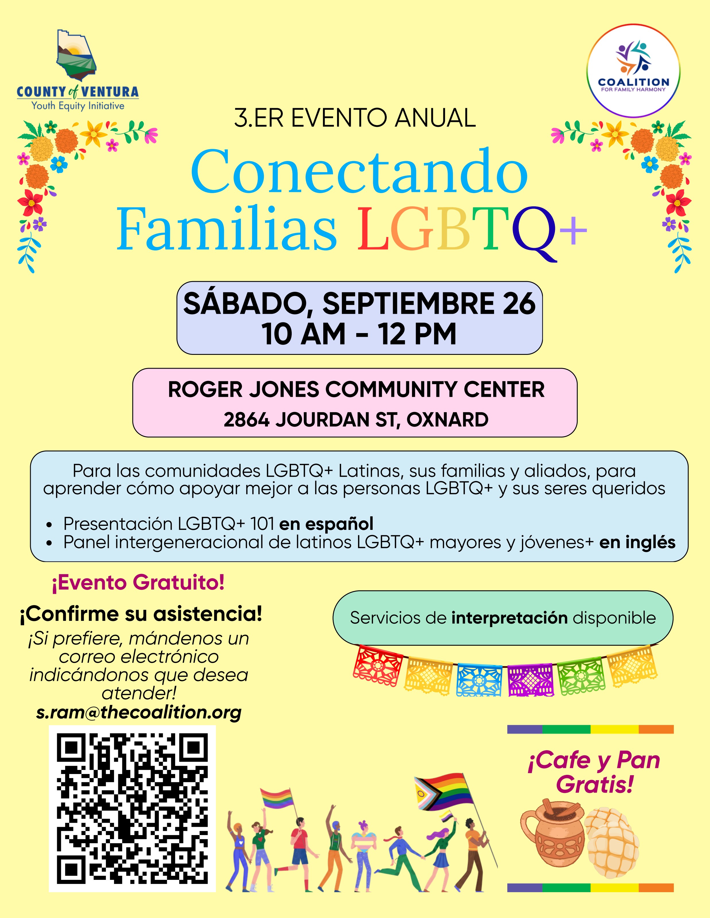 Volante en español para el 3.er evento anual Conectando Familias LGBTQ+, sábado 26 de septiembre, 10 AM a 12 PM en el Roger Jones Community Center en Oxnard