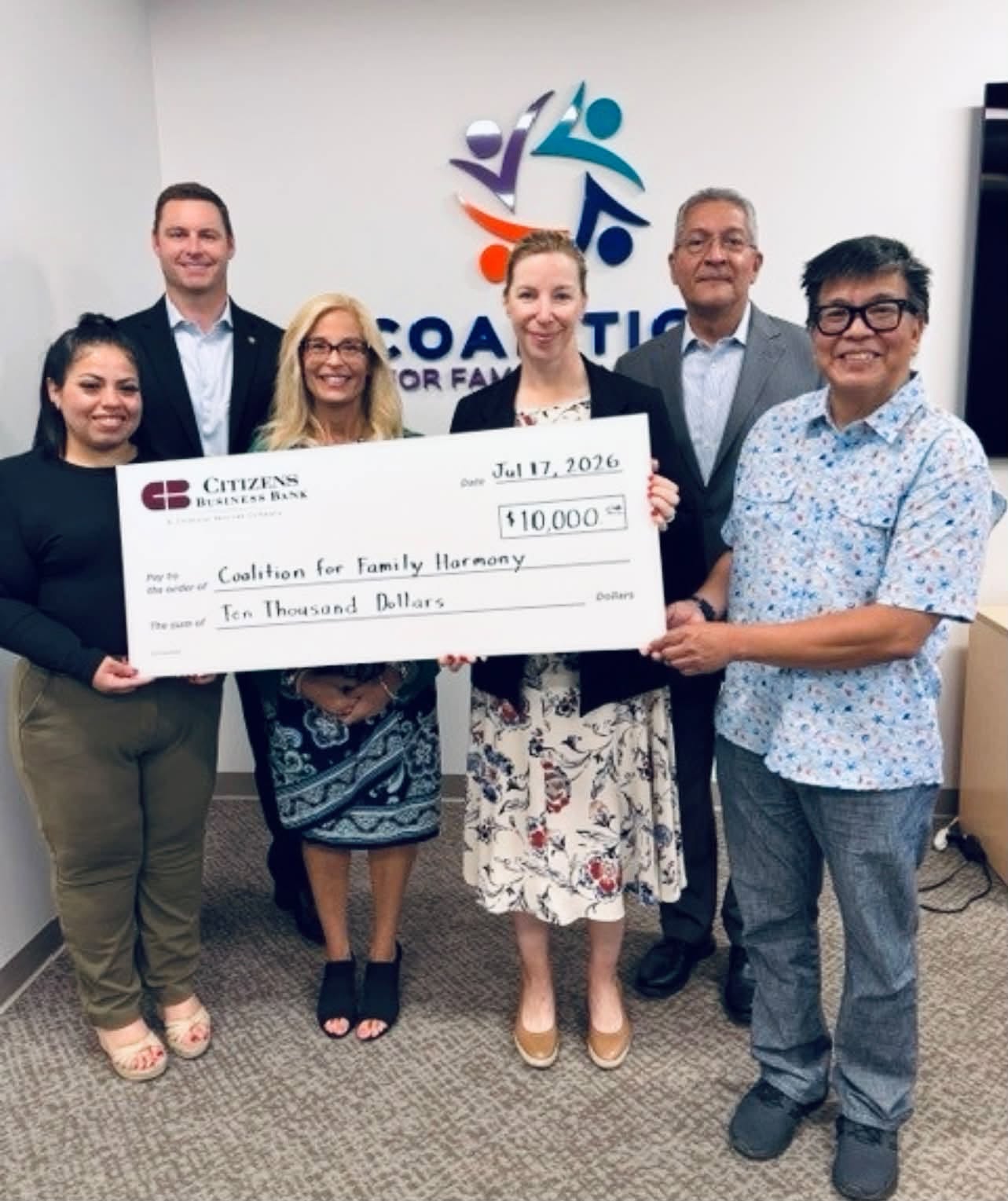 Citizens Business Bank presenting a $10,000 check to Coalition for Family Harmony
